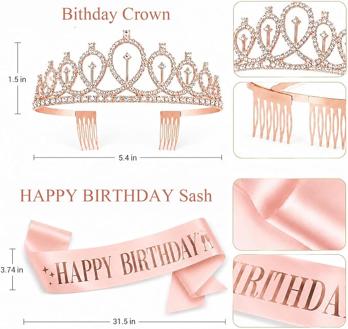 Dusty Pink Birthday Decorations for Women Girls,Retro Pink Balloons with Happy Birthday Banner,Fringe Curtain,Cake Topper,Sash and Crown for Birthday Party Supplies