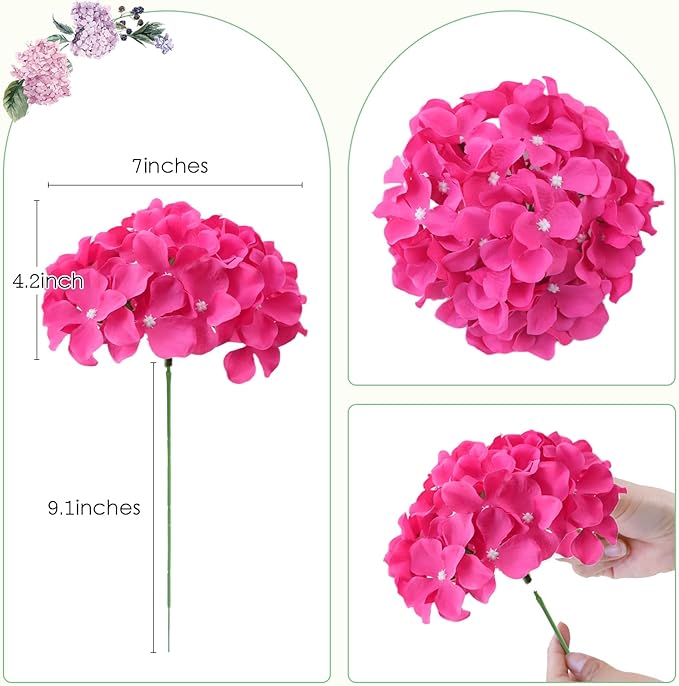 AVIVIHO 10pcs Hot Pink Fake Flowers Hydrangea Artificial Flowers Bulk (Not Squished, No Steaming Need) Silk Flowers with Stems for Wedding Decor,Home,Baby Shower,Table Centerpieces Decoration