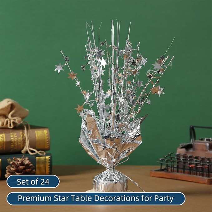 24 Pack Silver Metallic Foil Spray Centerpiece Star Table Decoration Burst Table Centerpieces for Birthday New Year Wedding Anniversary Graduation Party Supply (Silver)