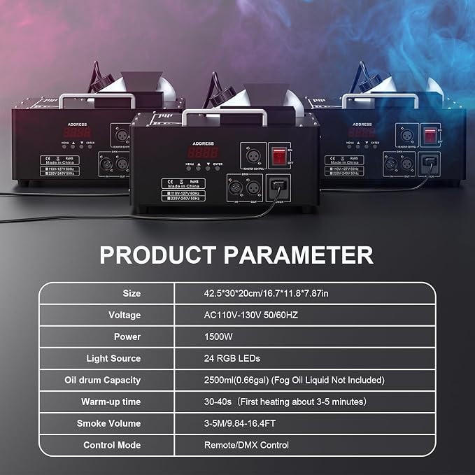 1500W Fog Machine with Lights 24 RGB LED Stage Smoke Machine Vertical Halloween Smoke Machine DMX/Wireless/Manual Control 2.5 Liters with 20000 CFM for Wedding Christmas Party Outdoor Indoor