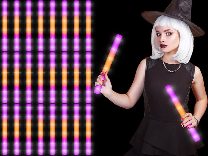 Retisee 24 Pcs 16 Inch Halloween Glow Sticks Bulk LED Foam Sticks Orange and Purple Light up Party Favors Glow in the Dark Light Sticks with 3 Flashing Modes for Birthdays Weddings Raves Concerts