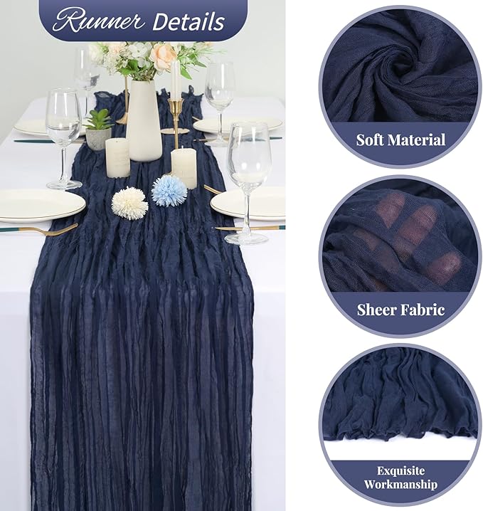 10 Pack Navy Blue Cheesecloth Table Runner 10FT Boho Romantic Gauze Table Runner 20 x 120 Inch Rustic Sheer Runner for Wedding Party Bridal Shower Thanksgiving Christmas Decoration