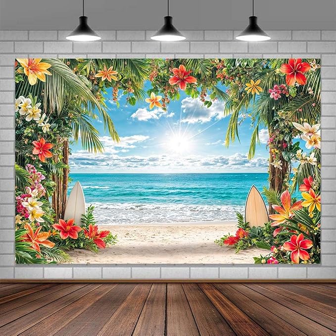 6x4ft Summer Hawaiian Beach Backdrop Tropical Blue Sky Ocean Flower Palm Leaves Surfboard Photography Background for Luau Aloha Wedding Baby Birthday Party Decoration Banner Picture Photo Booth