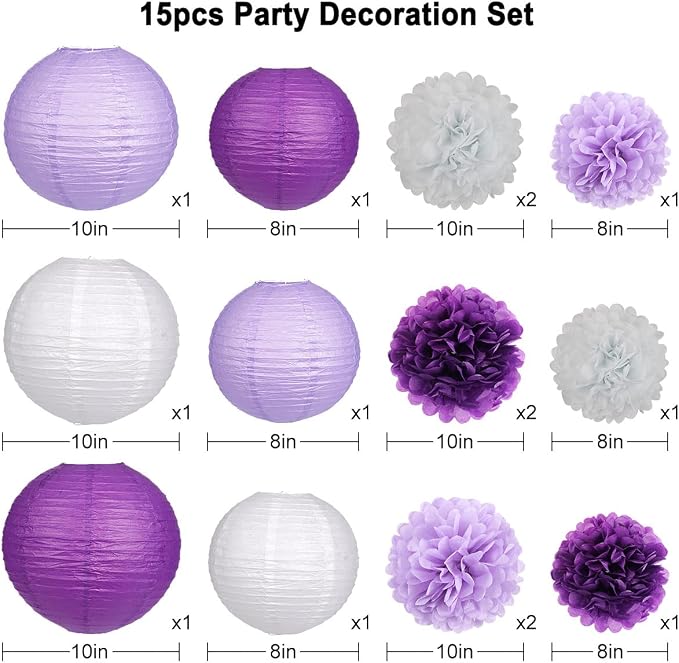 zilue Purple Party Decorations, Paper Lanterns and Pom Poms Flowers for Birthday Party Baby Shower Bachelorette Decor Purple Pack of 15 Pieces