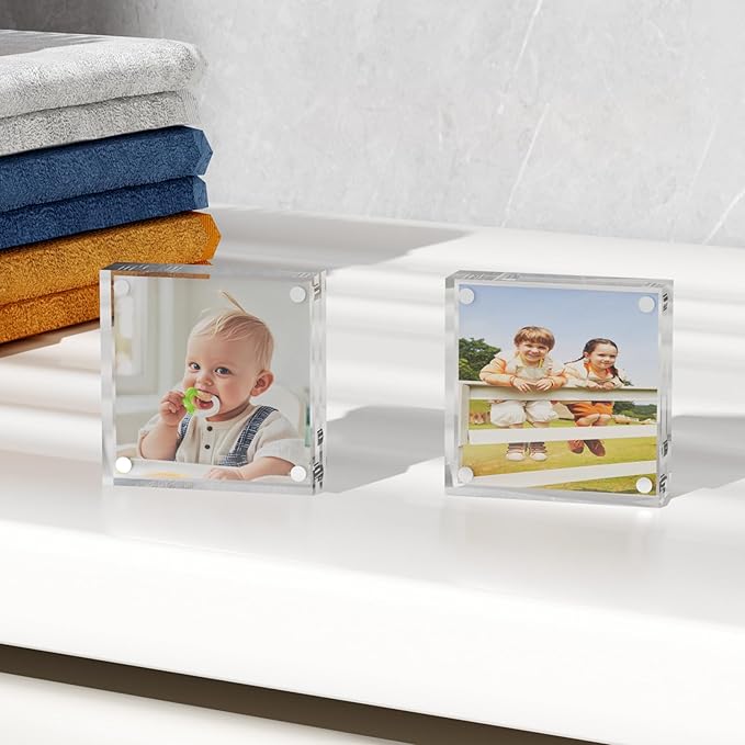 Mini Picture Frame 3x3 inch Acrylic Magnetic Photo Card Frame 20mm Thick Double SidedDesktop Display Frames for Cards Photos Office Home Decor 2 PCS