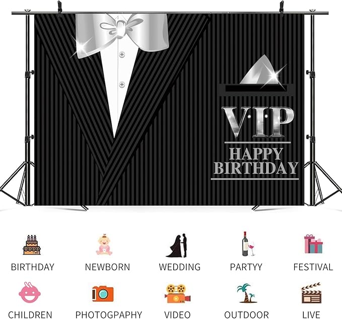 12x10ft Happy Birthday Backdrop VIP Photography Background Gentleman Black Tuxedo Suits White Shirts Silver Bow Tie Men Birthdays Party Banner Decorations Boys Kids Portrait Photo Booth Prop