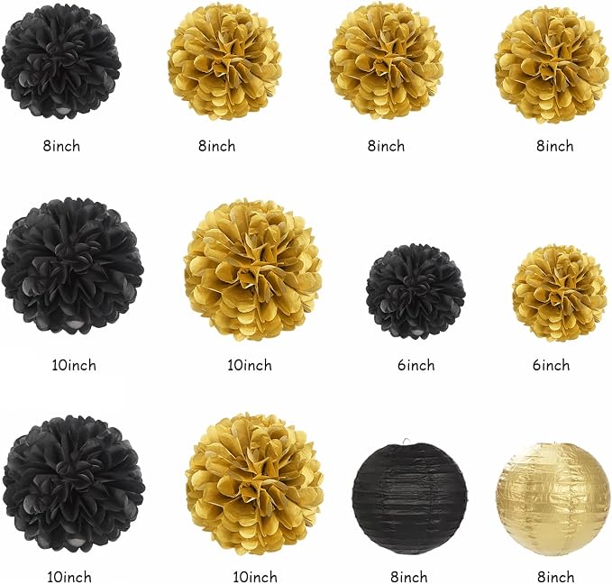 Black-Gold 2026 Class-Congratulations Graduation Party-Decorations - 22pcs High School College Grad Prom Supplies Decor, Tissue Pom Poms Streamers, Paper Flowers Lanterns Hugmoon