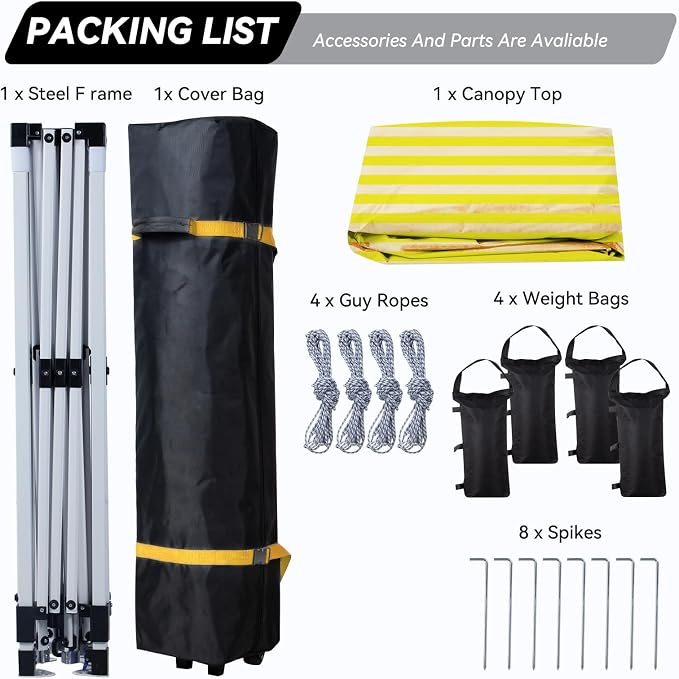 Nazhura 10' x 10' Pop Up Canopy with Sand Weight Bag, Awing for Patio, Freestanding Sun Shelter for Picnic and Camping, One Person Setup, White (Yellow Stripe)
