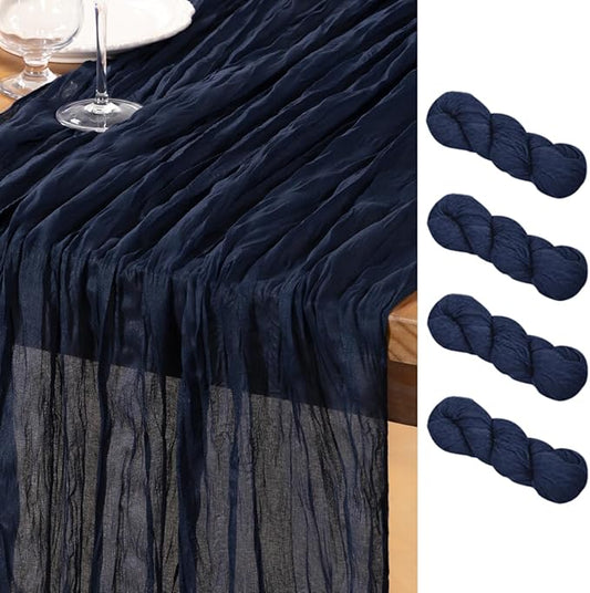 DeZerlor Navy Blue Cheesecloth Table Runner 4 Pack Spring Easter Table Runners Boho Gauze 120 Inches Navy Cheese Cloth Table Decor for Wedding Bridal Baby Shower Parties