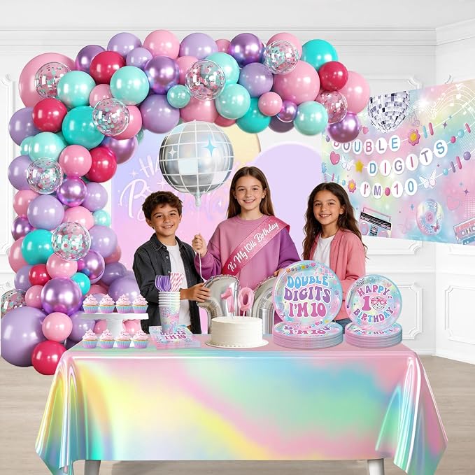 10th Birthday Decorations for Girls All-in-one Set, 279pcs Double Digits Birthday Girl Decorations Serves 25 with Backdrop Balloons Tableware Tablecloth Crown Sash Centerpiece Cupcake Toppers