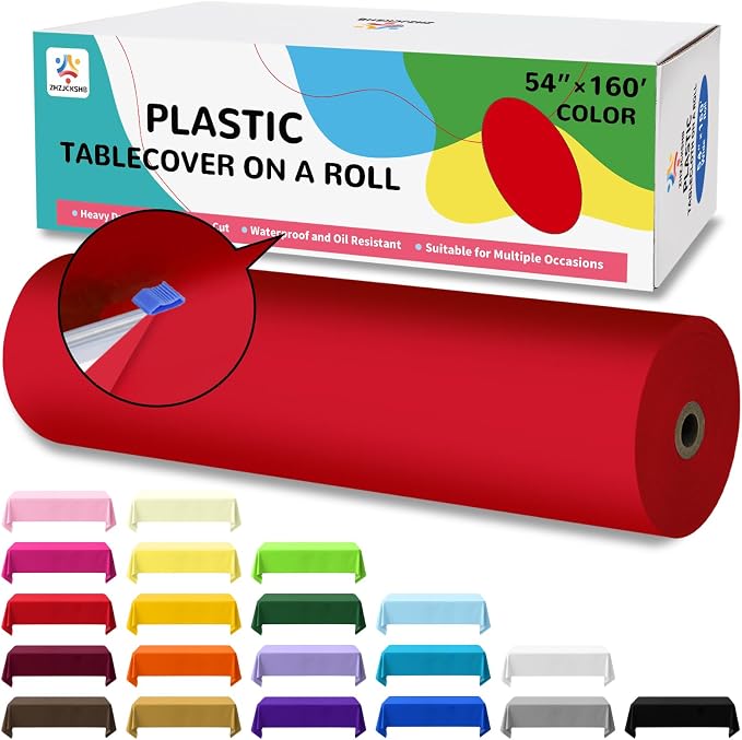 54IN X 160FT Plastic Table Cover Roll with Cutter Box, Cut to Size Plastic Table Cloths for Parties, Birthday, Disposable Tablecloth Roll for All Shape Tables (Red, 54 Inch X 160 Feet)