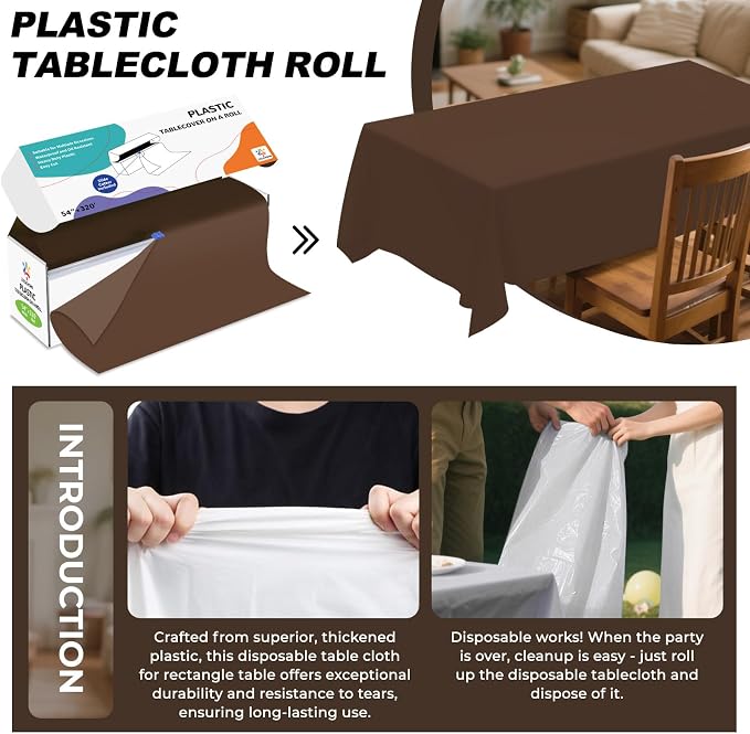54IN X 320FT Plastic Table Cover Roll with Cutter Box, Cut to Size Plastic Table Cloths for Parties, Birthday, Disposable Tablecloth Roll for All Shape Tables (Brown, 54 Inch X 320 Feet)