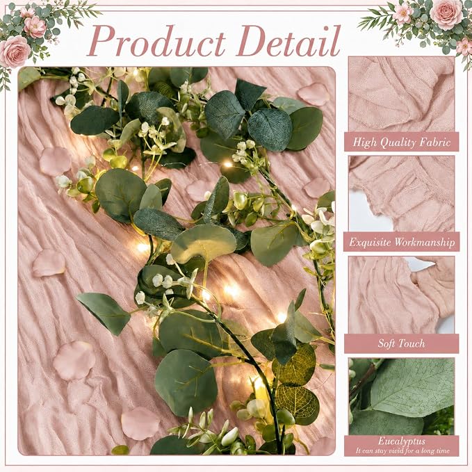 Cinrobiye 11PCS Boho Cheesecloth Table Runner Set 120'' Gauze Table Runner with Wrinkled Napkins Eucalyptus Garland and String Lights for Wedding Baby Shower Tea Party Table Decorations (Blush Pink)