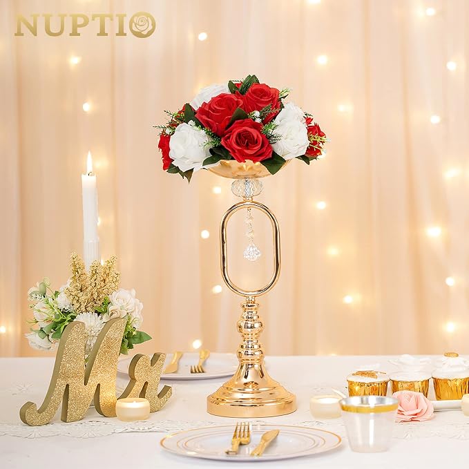 NUPTIO Flower Balls Centerpieces for Wedding Tables, Red & White Roses | 2 Pcs Artificial Silk Floral Arrangements, for Birthday Party, Housewarming, Thanksgivng, Christmas Decorations