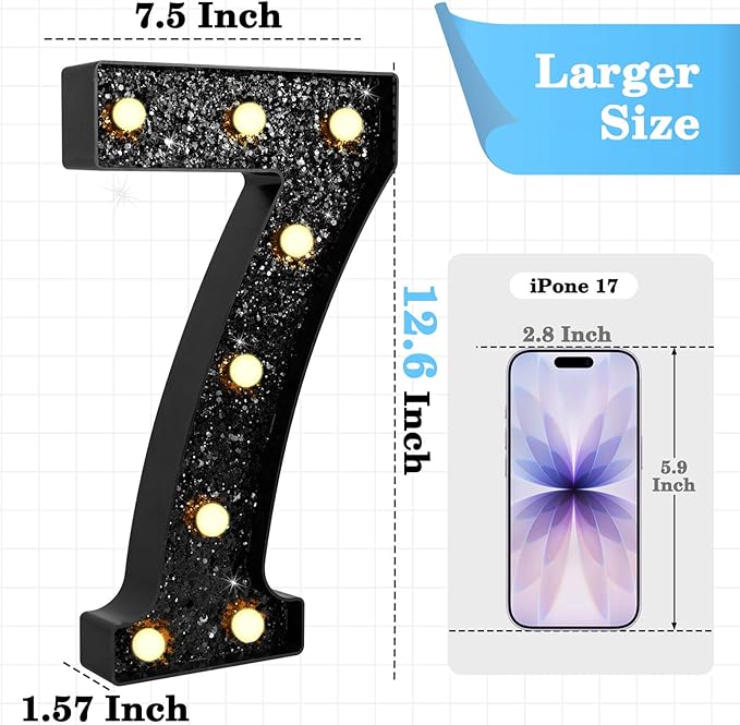 12.6 Inch LED Black Marquee Light Up Numbers, 7th Birthday Decorations Number Lights as Gifts for Girls Boys, Glitter Lighted Marquee Numbers for Black Anniversary Party Table Decor, 7
