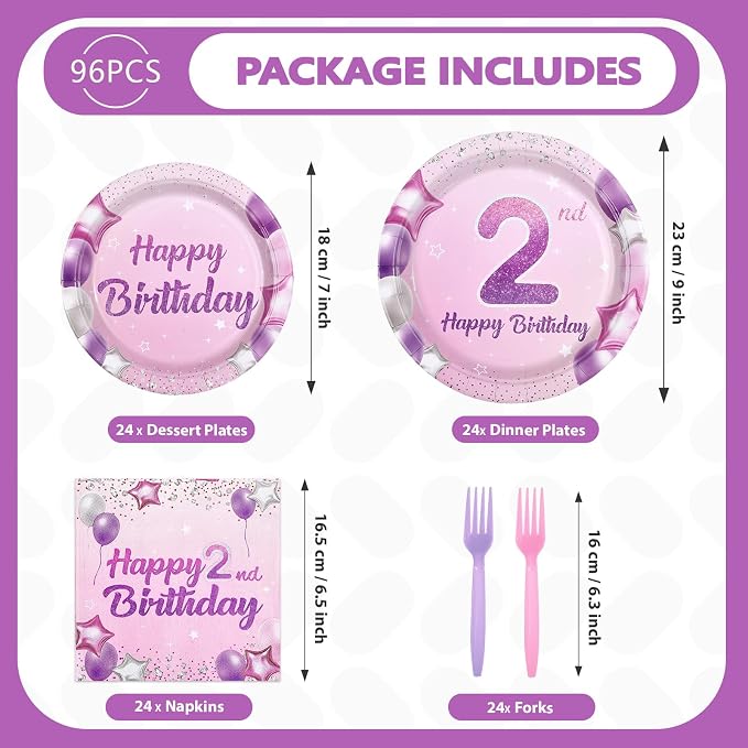 96Pcs Pink Purple 2nd Birthday Party Decorations Pastel 2nd Birthday Plates and Napkins Tableware Sets Pink Star Decorations Favors for Girls Baby Two Year Old Party Supplies Serves 24