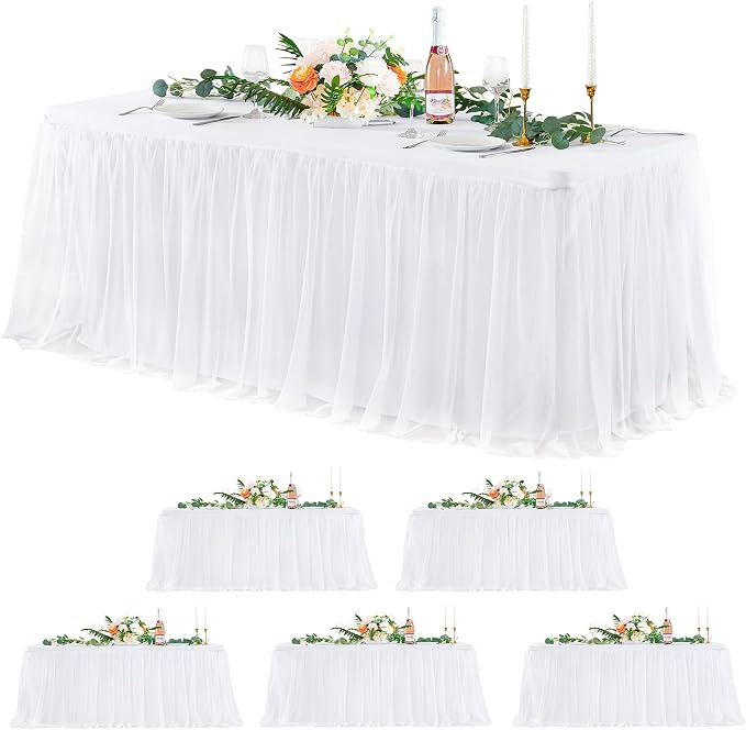 6 Pack White Tulle Tablecloths for 8 Foot Rectangular Tables 8ft White Tulle Table Skirt Wrinkle Free Table Cloth Cover with Tutu Skirt for Wedding Bridal Shower Birthday Party Banquet Buffet Cake