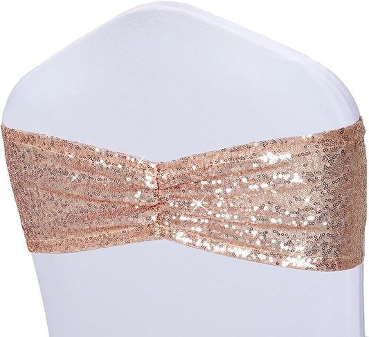 Poise3EHome Rose Gold Sequin Chair Sashes Folding Chair Covers Bow for Party Wedding Reception Decorations, 10 PCS