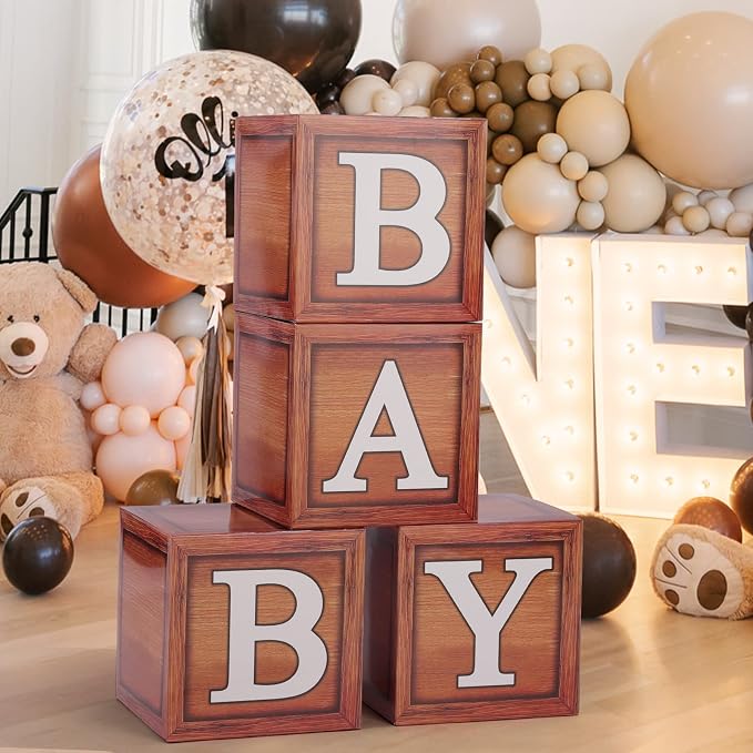 Voircoloria Baby Shower Decorations - Boxes with Letters for Gender Reveal (Wood) - 4 Balloon Boxes Included