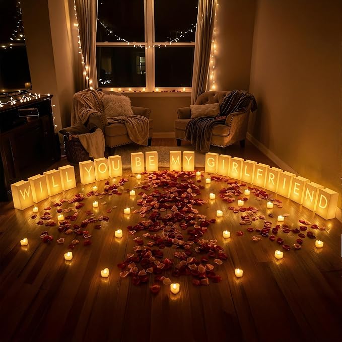 Will You Be My Girlfriend Light Up Letters Luminary Bags, Banner, Romantic Decoration Kit with 30PC Bright LED Candles and 2000PC Fake Rose Petals