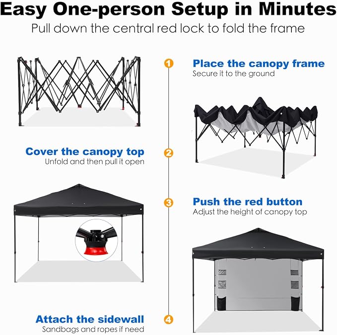 GAFETE 10×10 Pop Up Canopy Tent with 1 Pockets Sidewall, Easy up Sun Shade with One Push Setup, Portable Instant Outdoor Canopy Tent for Events Parties Camping with Carrying Bag (Black, 10x10 FT)