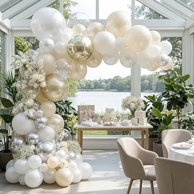 White Balloon Arch Double Stuffed Sand White Gold Pearl Bobo Balloons Light Gold Silver Latex Balloon Garland for Birthday Wedding Baby Shower Bridal Shower Baptism Party Decor