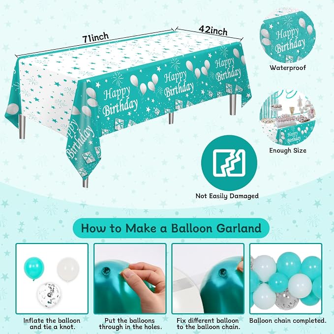Teal Birthday Decorations for Women Girls, Turquoise Birtihday Decorations Brthday Party Decoartions with Happy Brithday Banner Balloons Arch Fringe Curtains Tablecloth Wine Bottle Birthday decor