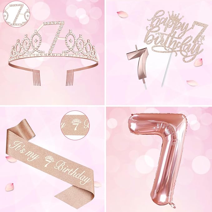 7th Birthday Decorations for Girls, Including 7th Birthday Sash and Tiara, Cake Topper and Candle, Number Balloon, 7 Year Old Girl Gifts