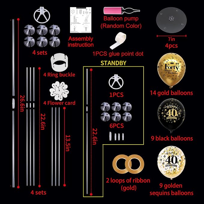 TONIFUL 4 Set Black Gold Balloon Stand Kit for Birthday Decorations for 40th,Balloon Centerpieces for Table Party Decorations Cheers to 40 Years Old Birthday for Men and Women