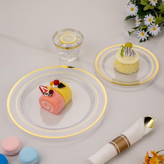 realluck 350PCS Clear Gold Plastic Dinnerware Set for 50 Guests, Disposable Party Plate for Wedding Party, Include: 100 Plastic Plates, 50 Pre Rolled Napkins with Silverware, 50 Cups