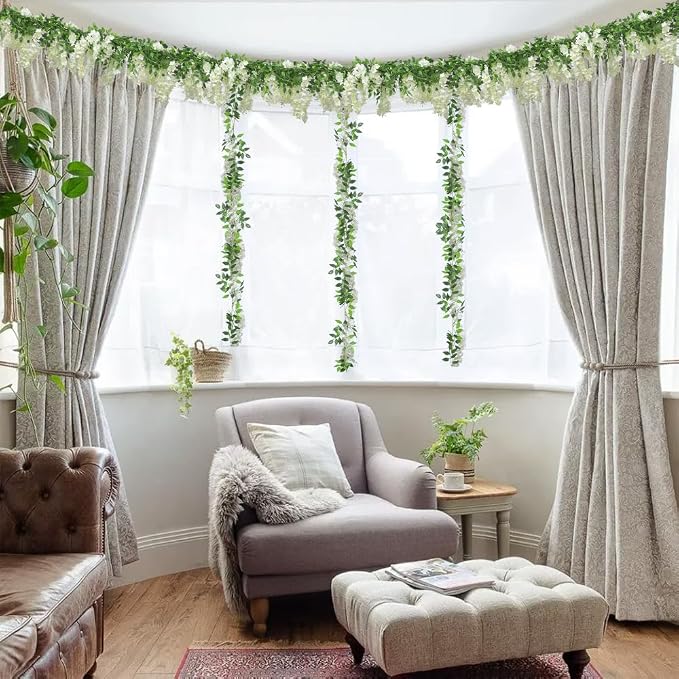 Findosom Wisteria Artificial Flowers Garland, 4Pcs Total 28.8FT White Wisteria Hanging Flowers, Flower Garland Decorations for Home Garden Outdoor Ceremony Wedding Arch Decoration