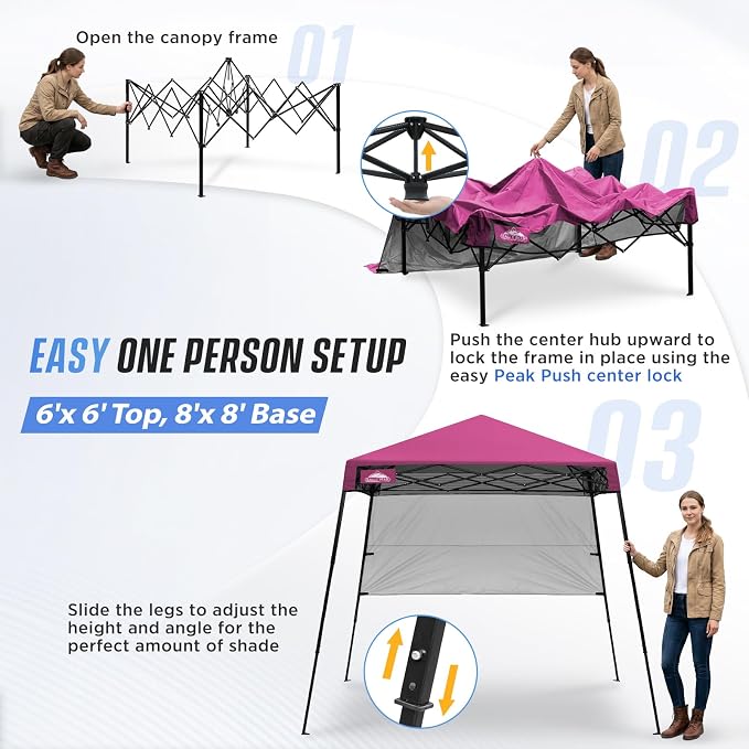 EAGLE PEAK 8x8 Pop Up Canopy Tent with Sidewall, Compact, Portable Slant Leg Instant Sun Shelter for Beach, Sports, & Camping, 8x8 Base 6x6 Top, Pink