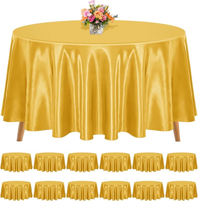12 Pack 120 Inch Round Tablecloth, Gold Satin Fabric Table Cloth for Round Tables, Wrinkle Resistant Washable TableCover Bright Silk Table Clothes for Wedding Party Dining Tables Banquet