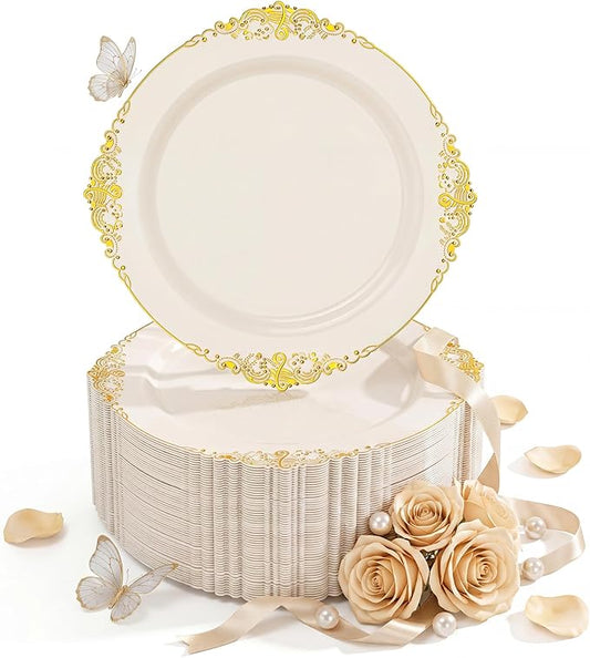 Nervure 100Pcs Ivory Plastic Plates - 7.5inch Ivory and Gold Disposable Plates - Heavyweight Plastic Plate - Dessert Plate for Wedding & Party & Mothers Day