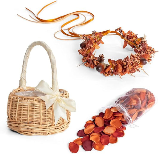 TINGE TIME Set of 3 Artificial Flowers Decoration Wedding Basket for Flower Girl with Flower Crown, Flowers Basket, 400pcs Silk Rose Petals (Maple Red)