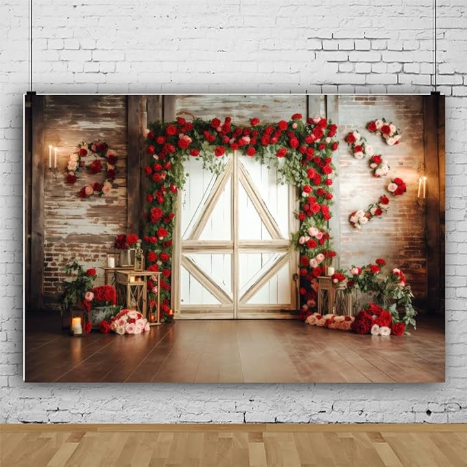 7x5ft Red Rose Brick Wall Wood Door Backdrop for Wedding Bridal Shower Party Decorations Mother's Day Valentine's Day Engagement Backdrops Portrait Photo Booth Props