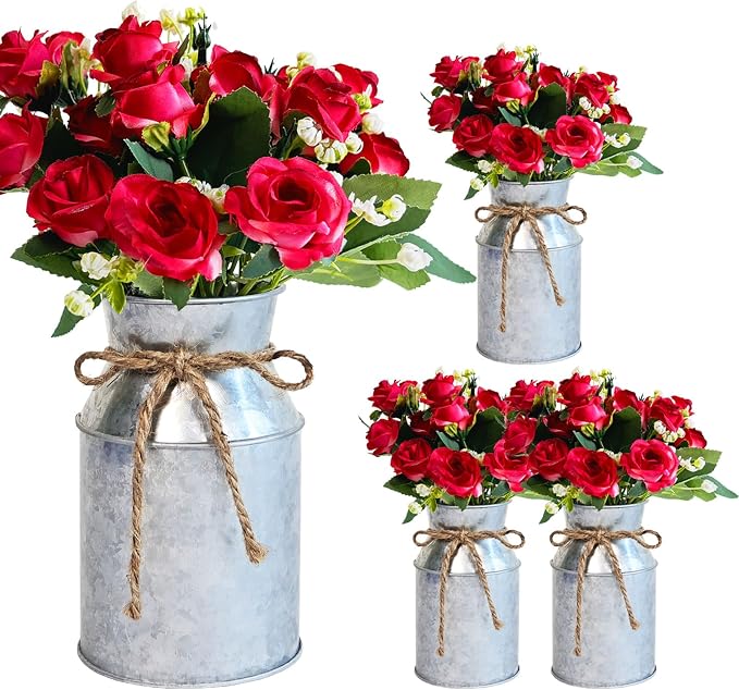 Set of 4 Wedding Flower Centerpiece for Tables Decorations, Red Artificial Roses Bouquet with Metal Vase, Faux Flower Arrangement for Party Bridal Shower Party Event (Silver Vases & Red Roses)