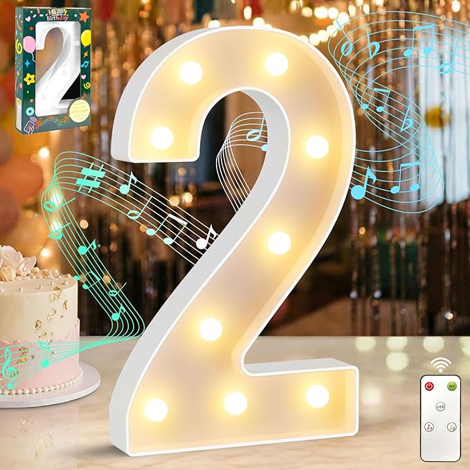 12.6 Inch LED Marquee Light Up Numbers with Happy Birthday Music, Remote Birthday Number Lights as Gifts for Girls Women Men, Lighted Marquee Numbers for Table Party Decorations, Number 2
