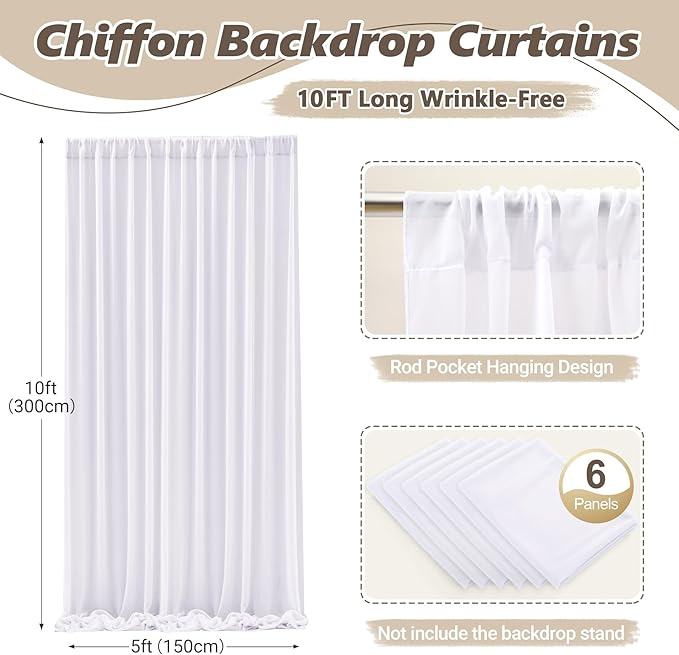 30ft x 10ft White Chiffon Backdrop Curtains, Wrinkle-Free Sheer Chiffon Fabric Photo Curtain Drapes for Wedding Ceremony Arch Party Stage Photography Decorations