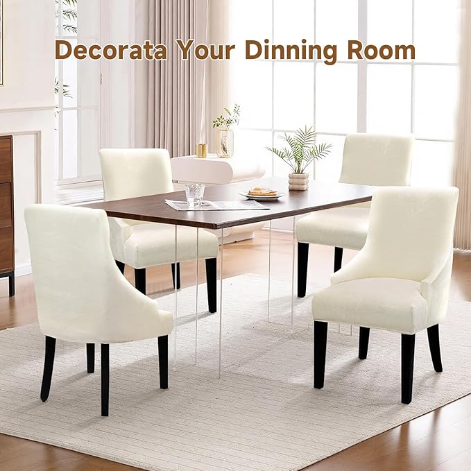Velvet Wingback Dining Chair Cover Soft Stretch Accent Chair Cover Slipcover Thick Plush Wing Back Chairs Covers Furniture Protect Washable Chairs Protector Covers for Dining Room (Beige, 2)