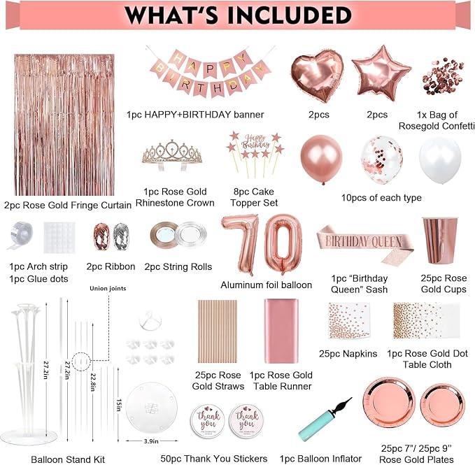 255 Pcs Rose Gold 70th Birthday Decorations for Women – Party Decoration Supplies Kit with “Happy Birthday” Banner, Balloons, Crown, Sash, Cake Topper, Tableware & Fringe Curtain for 25 Guests