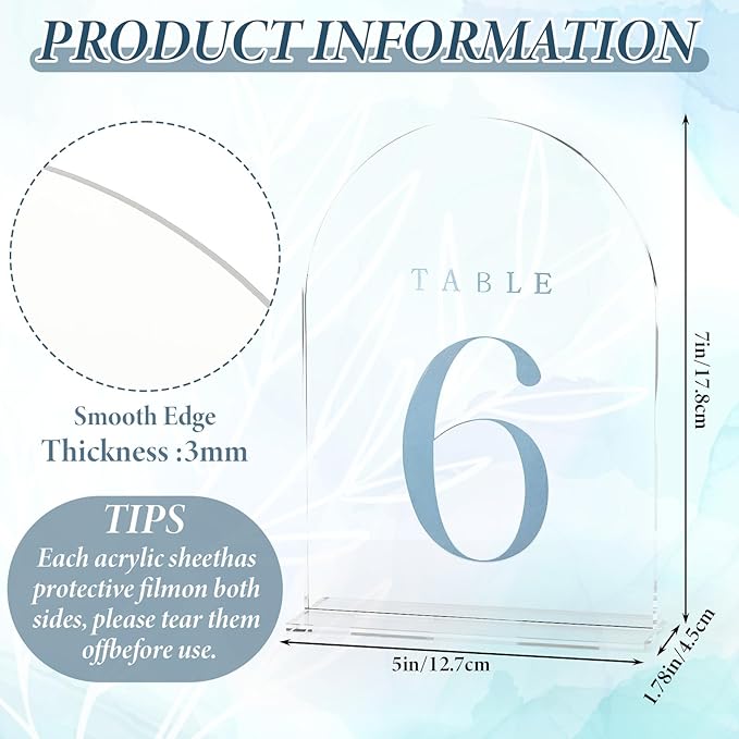 15 Pcs Frosted Arch Wedding Table Numbers with Stands 1-15, 5"x7" Acrylic Display Signs and Holders, Perfect for Centerpiece, Reception, Party, Anniversary, Banquet, Event (Dusty Blue)