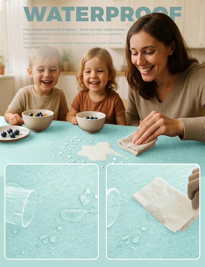 Decorelia Faux Linen Farmhouse Table Cloth 60"x104" for 6 ft Rectangle Table, Aqua Waterproof Outdoor Washable Cloth Tablecloth for Rectangular Dining Room Kitchen Outdoor Party Restaurant Decor