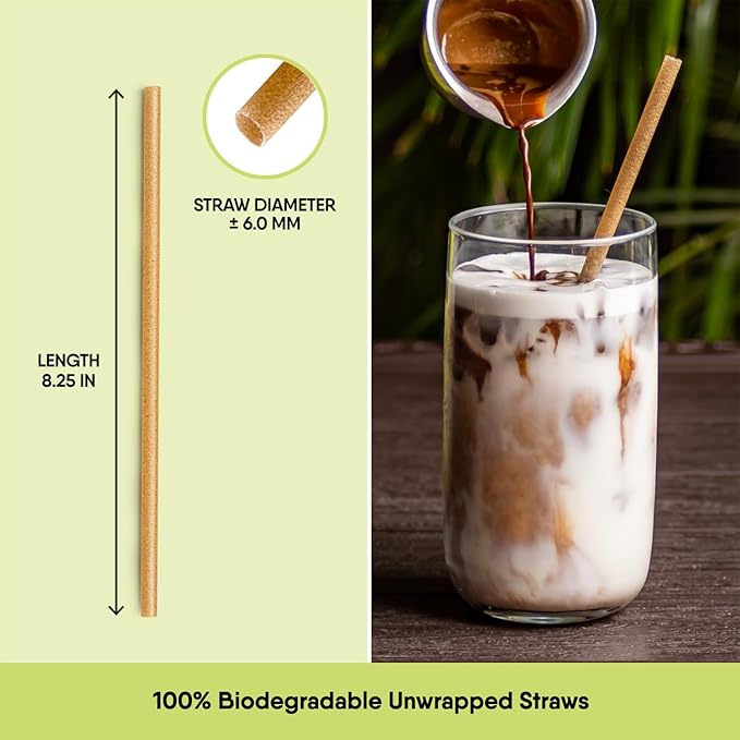 The Veggie Straws – 100 PCS of 8.25 Inches Unwrapped Biodegradable Straws – Made of Vegetable Fibers, Best Environment Friendly Drinking Straws for Hot and Cold Beverages