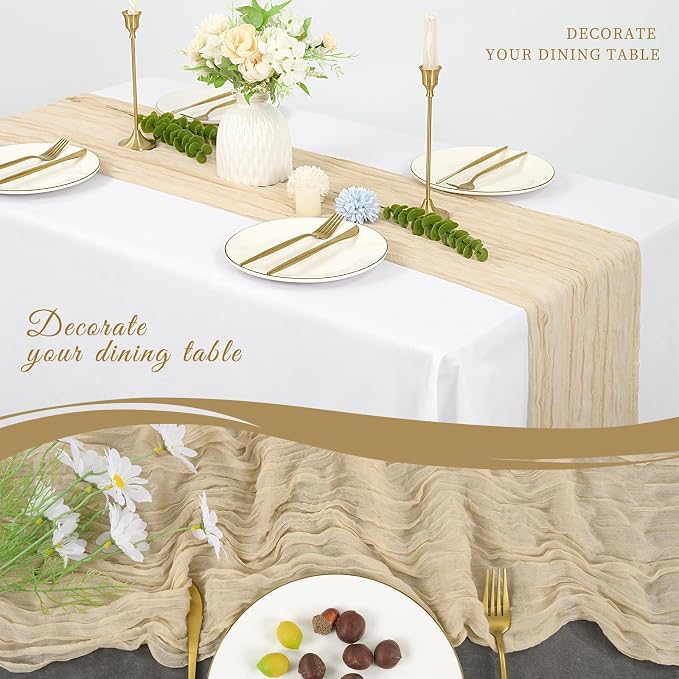 10 Pack Cheesecloth Table Runner 17 x 108 inch Long Boho Gauze Table Runners Semi Sheer Table Runner for Wedding Decor, Baby Shower, Birthday Party, Banquet (Beige)