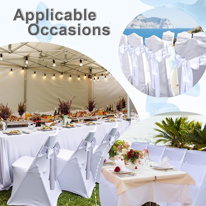Lounsweer 50 Pcs Folding Chair Cover Set with 25 Stretch Spandex Slipcovers 25 Satin Chair Sashes Bows Ribbon Washable Banquet Protector for Wedding Event Party(White, White)