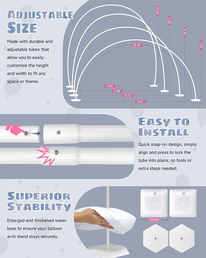 6IN1 Balloon Arch Stand Kit, 10.8ft Adjustable Balloon Column Stand with Base, Reusable Balloon Arch Kit Party Backdrop Decoration for Birthday Graduation Mother's Day Wedding Baby Shower