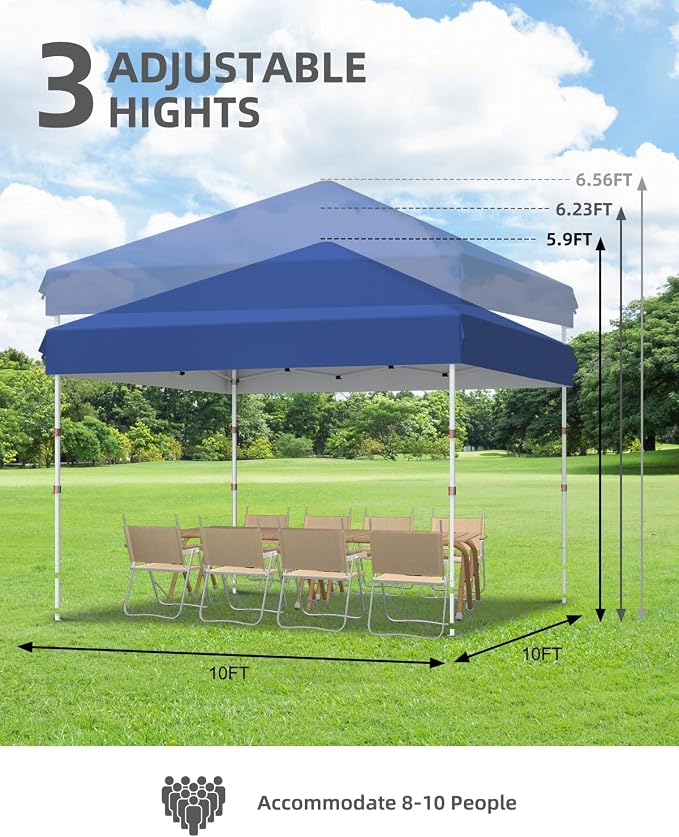 GarveeLife 10x10 Pop Up Canopy with One Button Push Setup - Heavy Duty Outdoor Canopy Tent with Portable Roller Bag - 3 Adjustable Height, 4 Weight Bags, 8 Stakes & 4 Guy Ropes Included, Blue