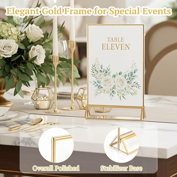 EHWINE 24 Pack Acrylic Sign Holder 5 x 7, Double Sided Gold Picture Frame Stand up Table Top Sign Holders, Clear Display Stand Menu Flyer Holder for Wedding Party
