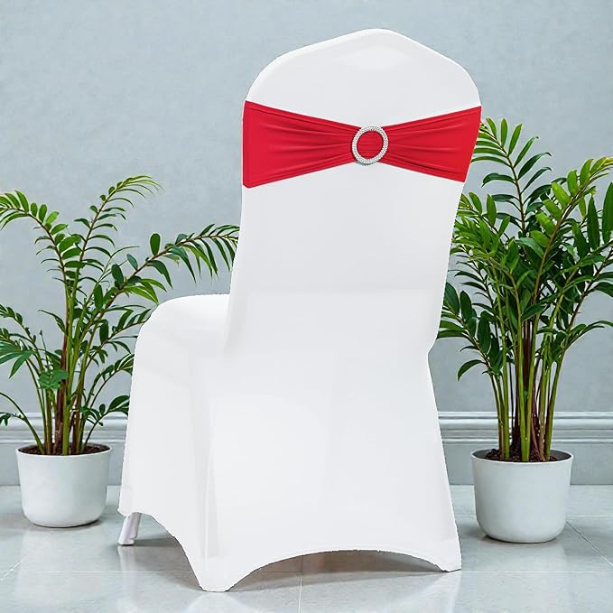 MDS Pack of 150 Spandex Chair Sashes Bows Universal fits Elastic Stretch Chair Bands Ties with Buckle Slider Bow for Wedding Decoration Spandex Slider Sashes Bow - Red
